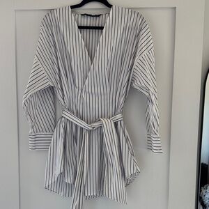 Zara White and Blue Striped Blouse